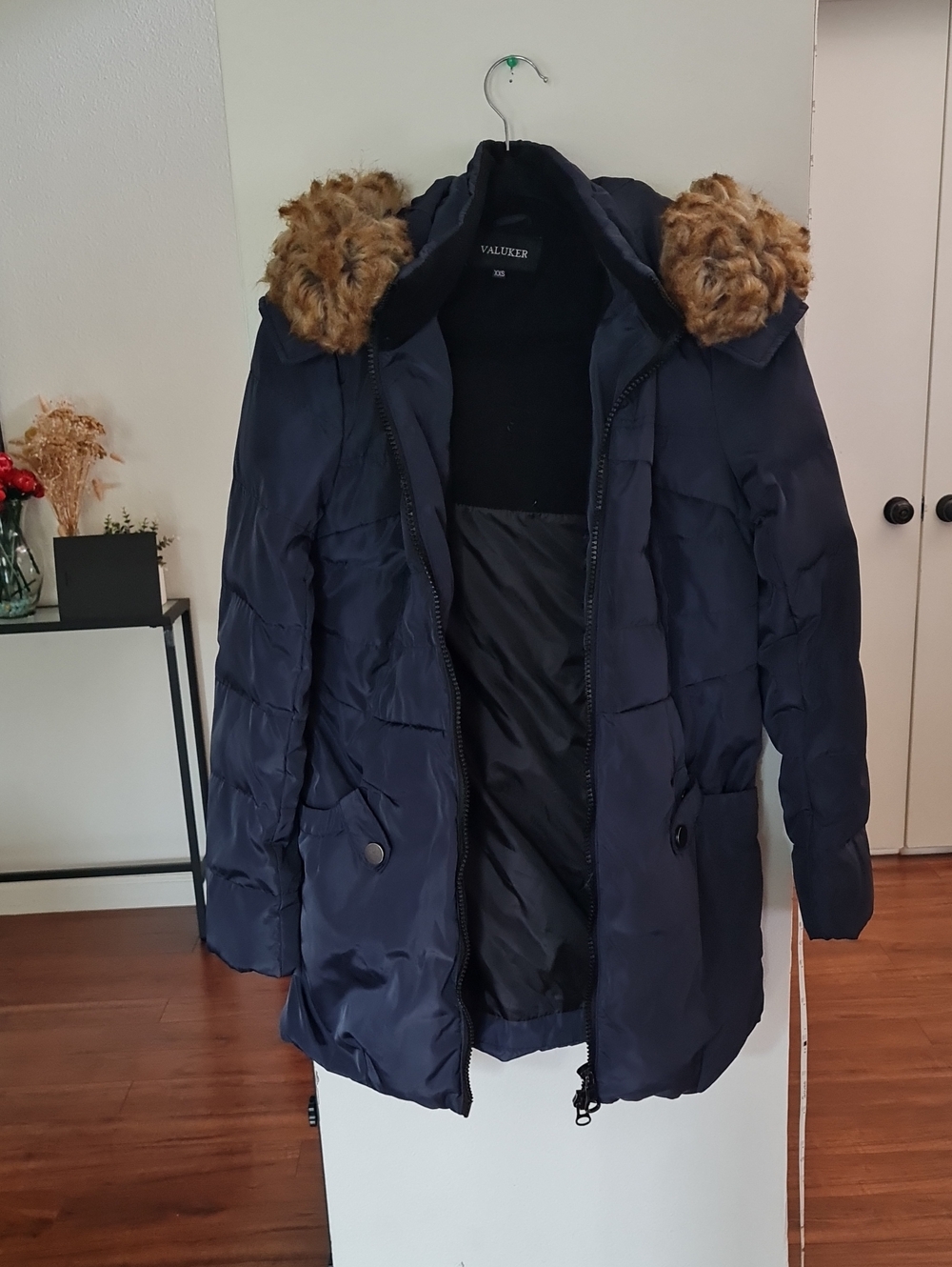 Women's Navy Puffer Coat with Faux Fur Trim Hood